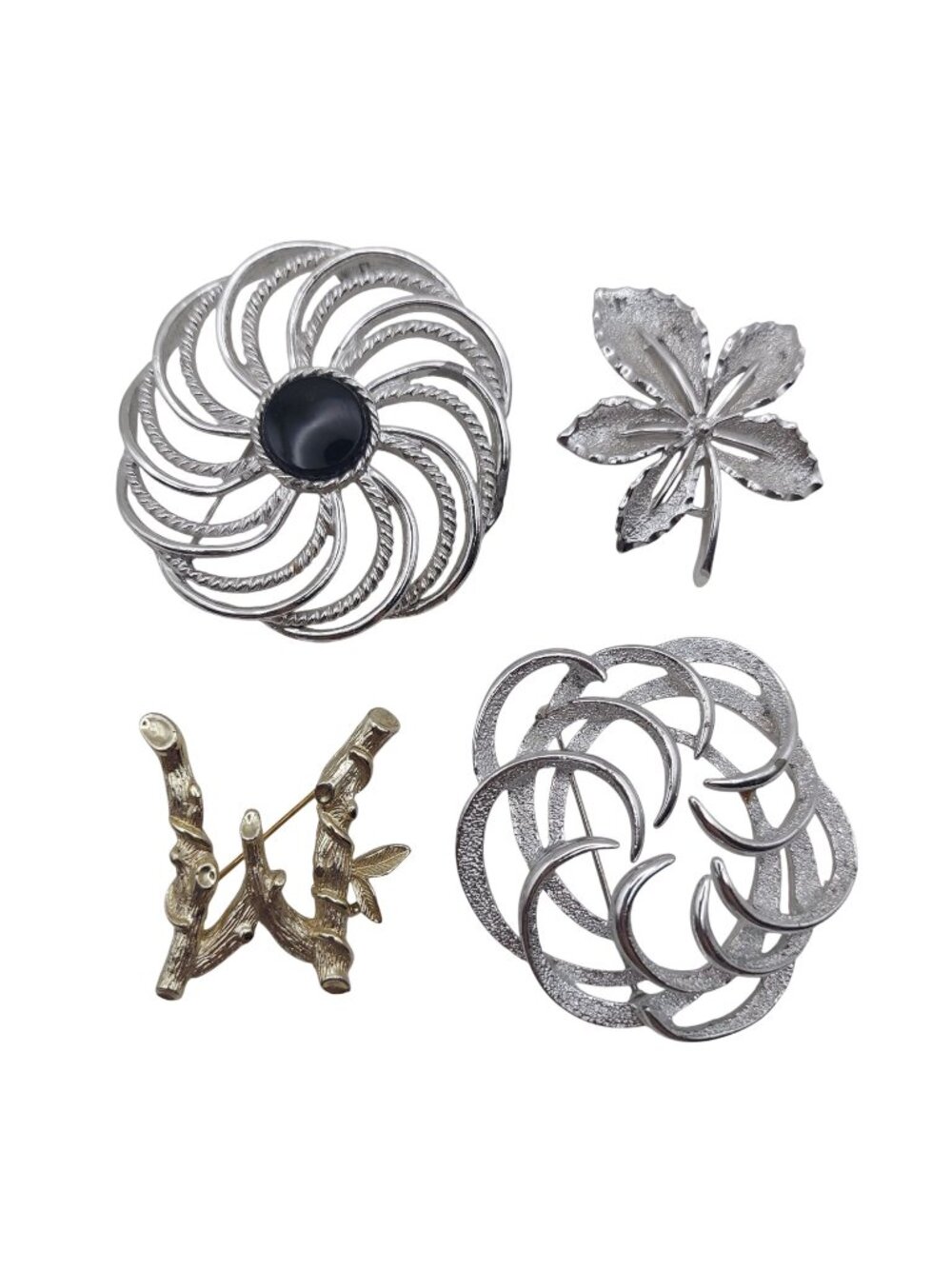 Sarah Coventry Brooch Set of 4 Silver & Gold Tone Leaf Initial Swirl Signed Vtg